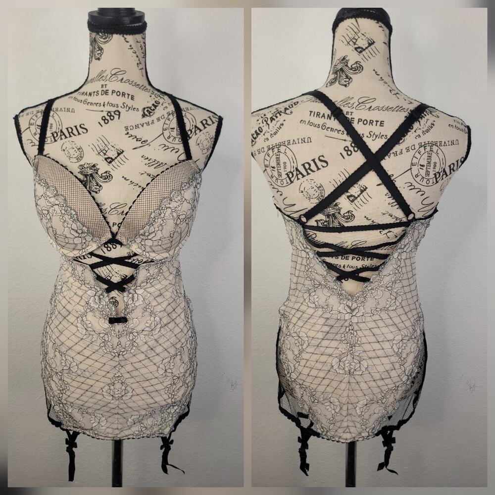 Victorias Secret Sheer Mesh Corset Bustier Dress Garters Size 36D Cream Black